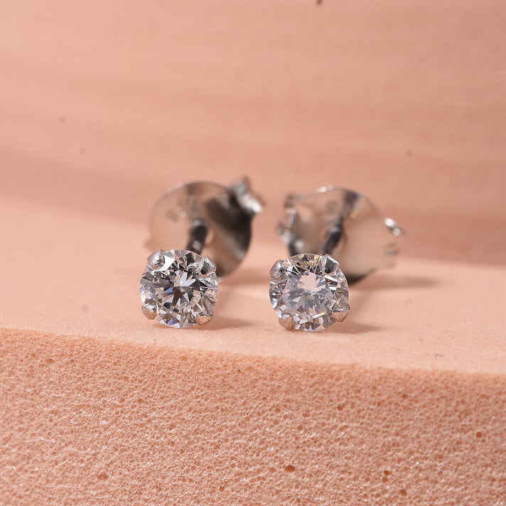 LUXURIANT Lab Grown Diamond Solitaire Stud Earring with Push Back in Rhodium Overlay Sterling Silver (SI-GH) 8273291 2