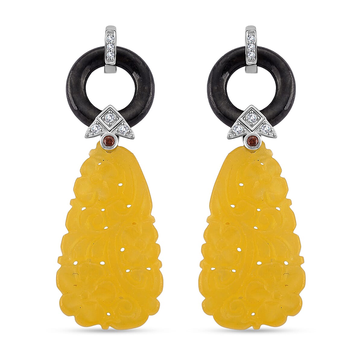 D'Joy Honey Jade, Red Garnet, Black Jade &amp; White Cubic Zirconia Beads Earring with Push Back in Rhodium Overlay Sterling Silver 45.00 Ct. 8273590 0