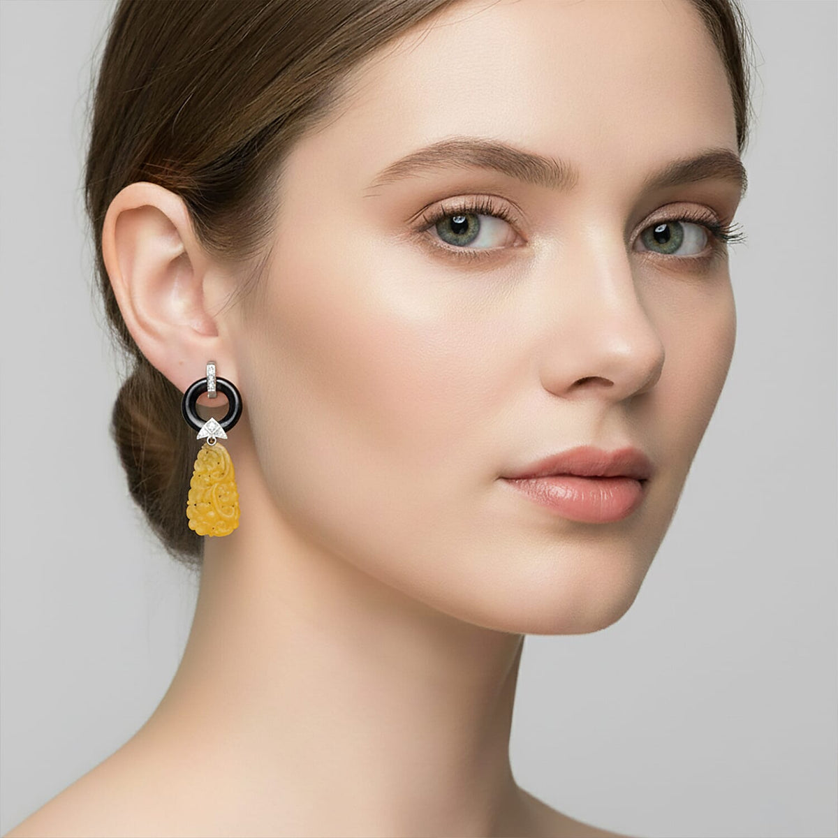 D'Joy Honey Jade, Red Garnet, Black Jade &amp; White Cubic Zirconia Beads Earring with Push Back in Rhodium Overlay Sterling Silver 45.00 Ct. 8273590 3
