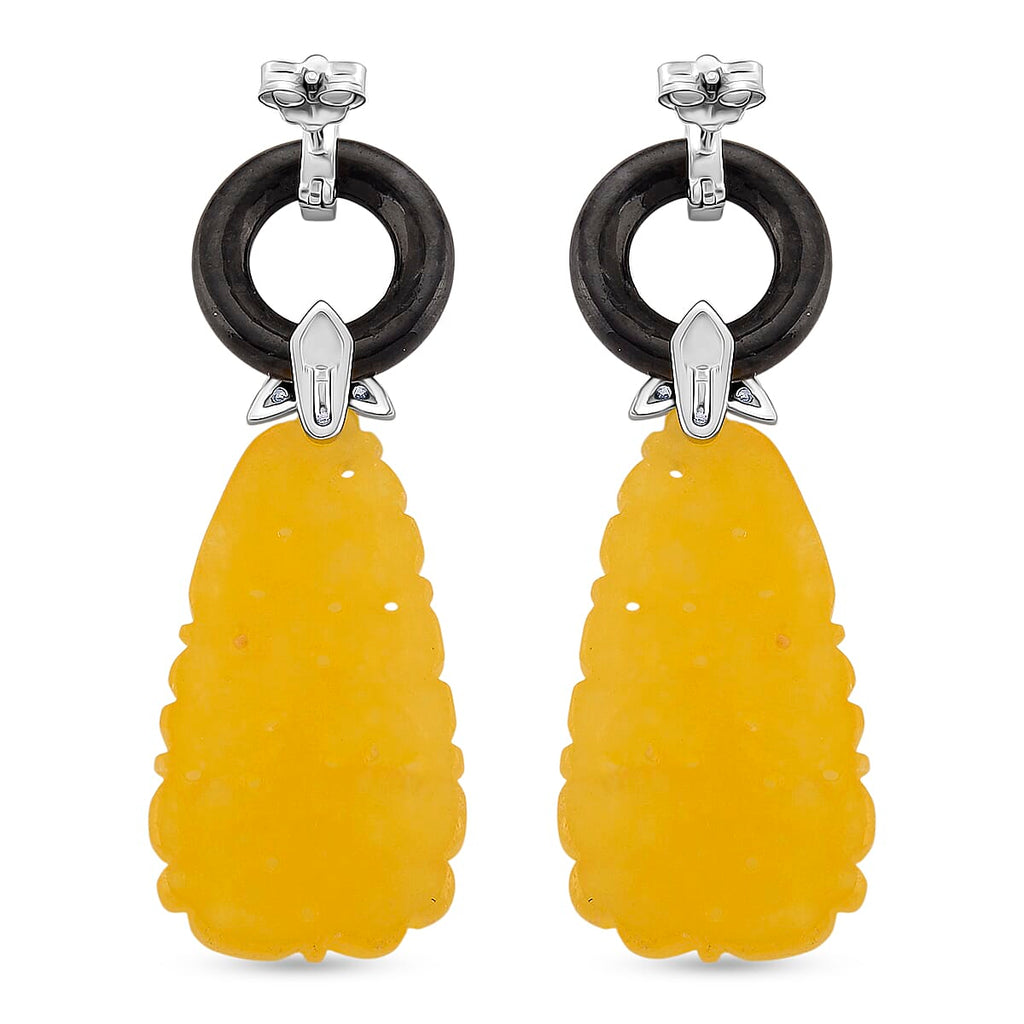 D'Joy Honey Jade, Red Garnet, Black Jade & White Cubic Zirconia Beads Earring with Push Back in Rhodium Overlay Sterling Silver 45.00 Ct.