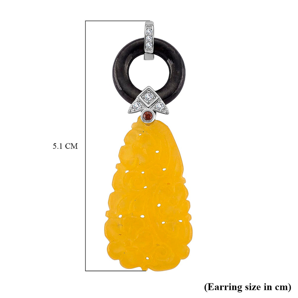 D'Joy Honey Jade, Red Garnet, Black Jade & White Cubic Zirconia Beads Earring with Push Back in Rhodium Overlay Sterling Silver 45.00 Ct.