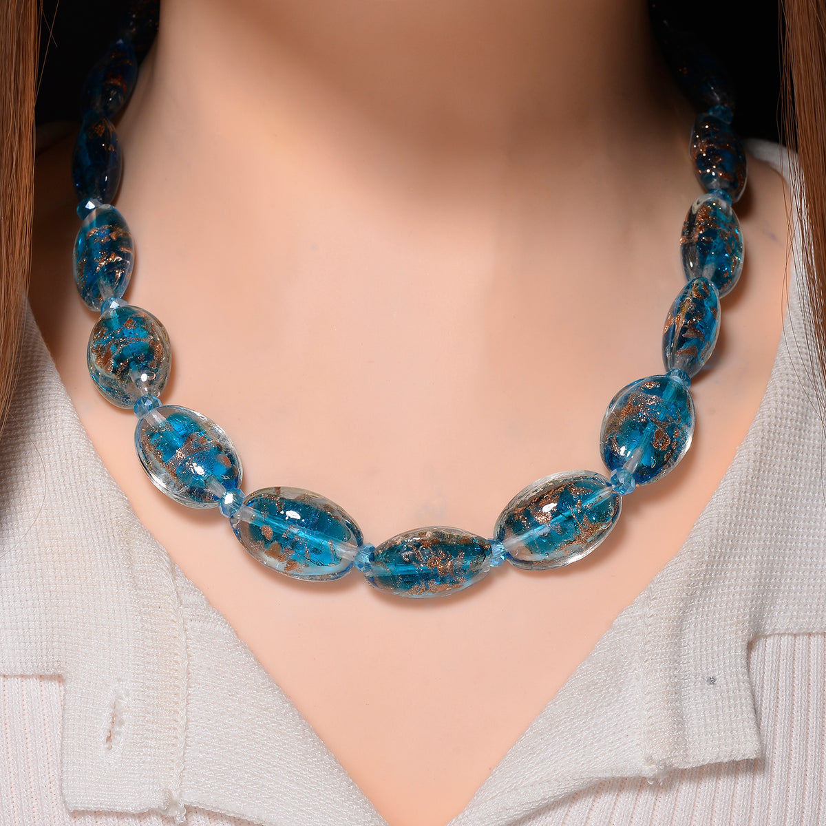 Blue Colour Murano Style Glass and Blue Glass Necklace (Size 20) with Magnetic Clasp in Silver Tone V32519080 3