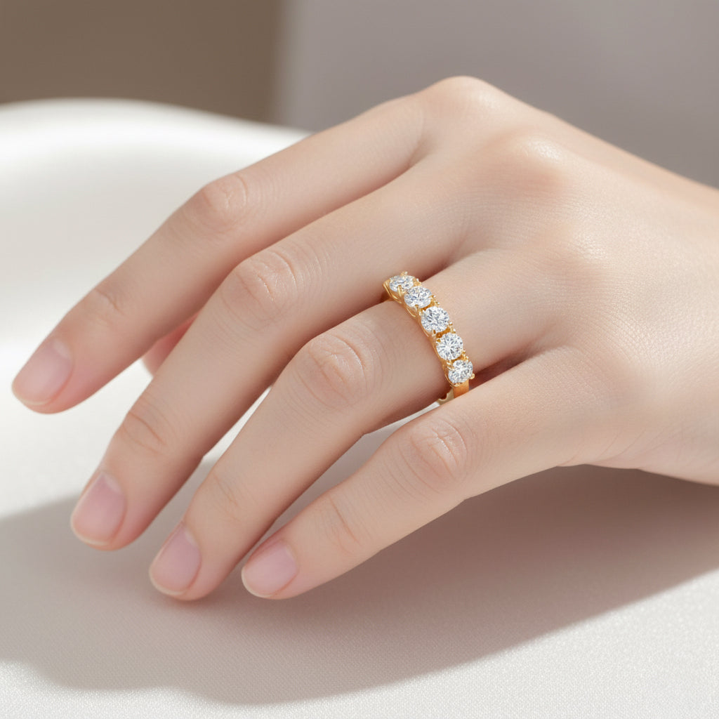 D'Joy GRA Certified Moissanite (VVS-D) Half Eternity 5 Stone Band Ring in Yellow Gold Plated Sterling Silver 1.10 Ct._8274218_2