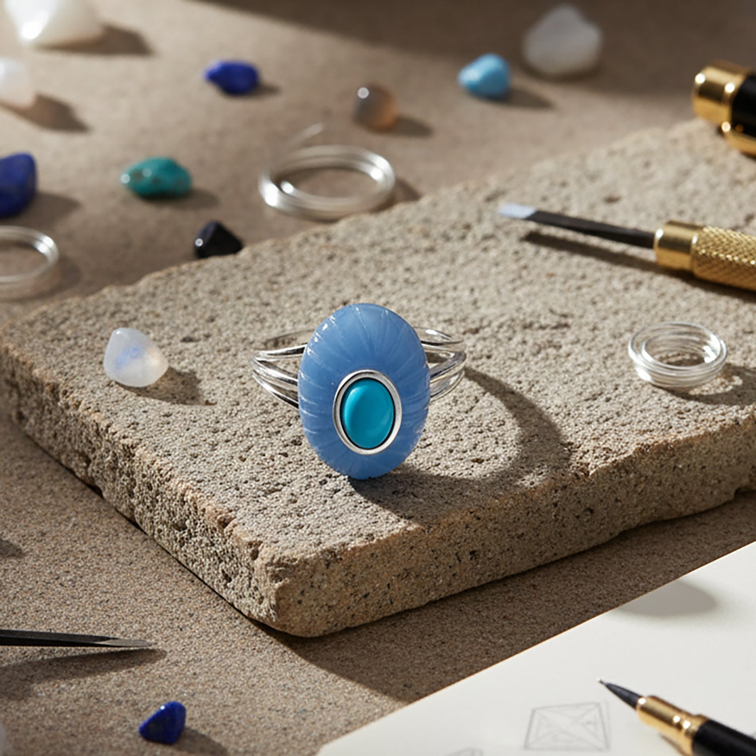 D'Joy Sleeping Beauty Turquoise &amp; Blue Jade Ring in Rhodium Overlay Sterling Silver 14.00 Ct. V32514037 2
