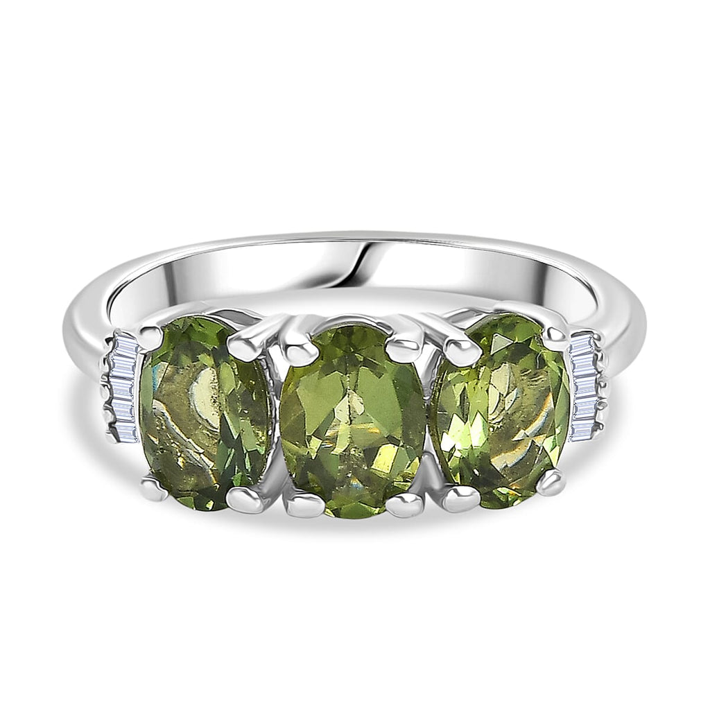 D'Joy Natural Tanzanian Green Apatite & White Diamond Trilogy Ring in Rhodium Overlay Sterling Silver 2.59 Ct._8274567