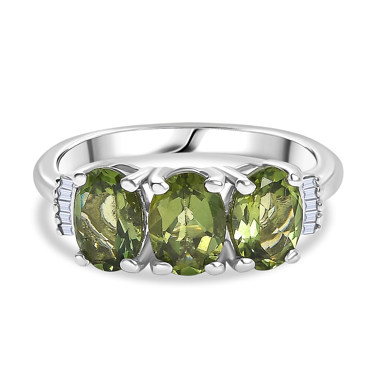 D'Joy Natural Tanzanian Green Apatite &amp; White Diamond Trilogy Ring in Rhodium Overlay Sterling Silver 2.59 Ct. V32567179 0