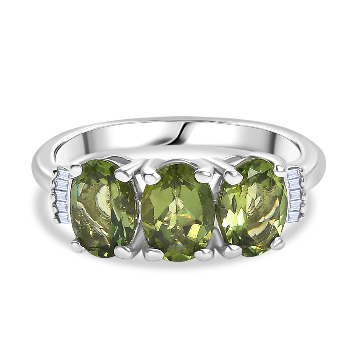 D'Joy Natural Tanzanian Green Apatite &amp; White Diamond Trilogy Ring in Rhodium Overlay Sterling Silver 2.59 Ct. V32520360 0