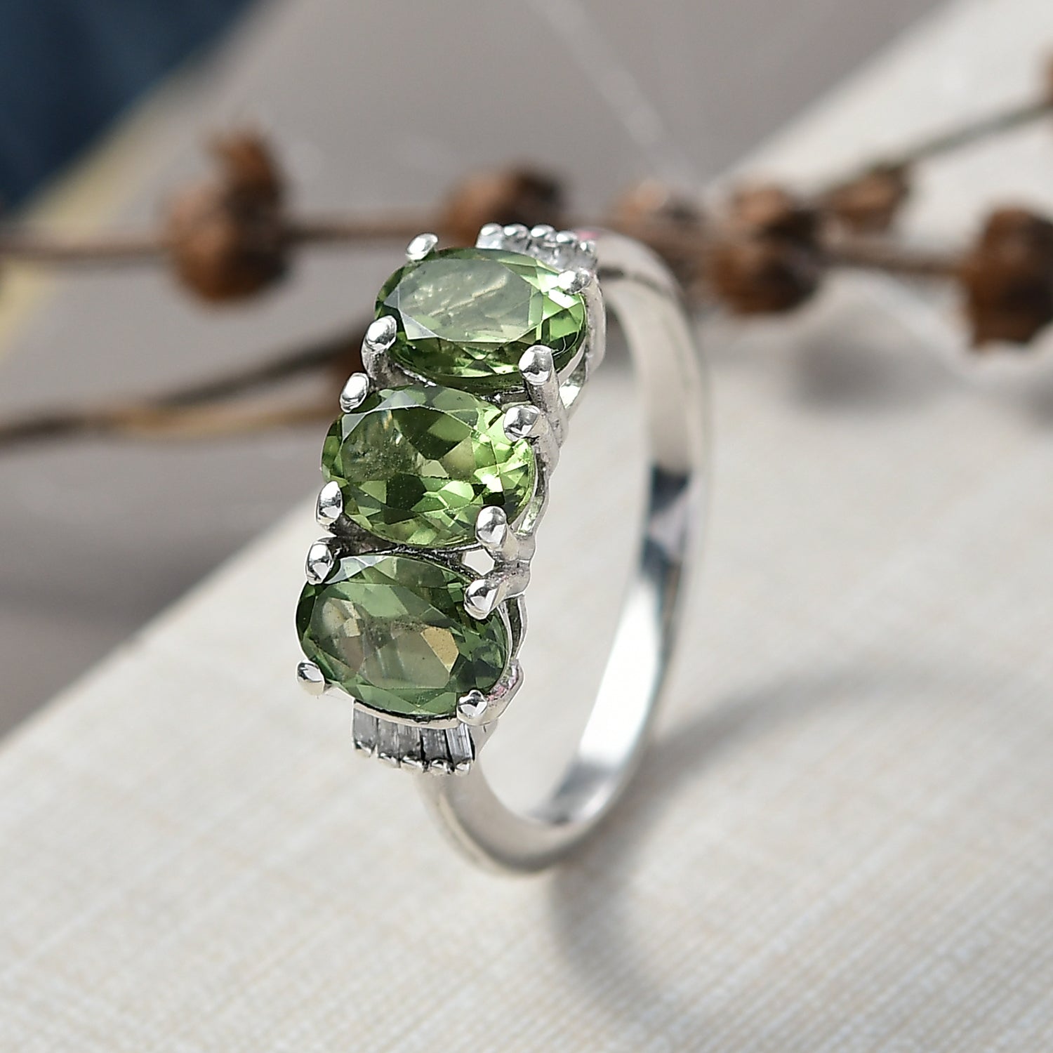 D'Joy Natural Tanzanian Green Apatite &amp; White Diamond Trilogy Ring in Rhodium Overlay Sterling Silver 2.59 Ct. V32520360 2