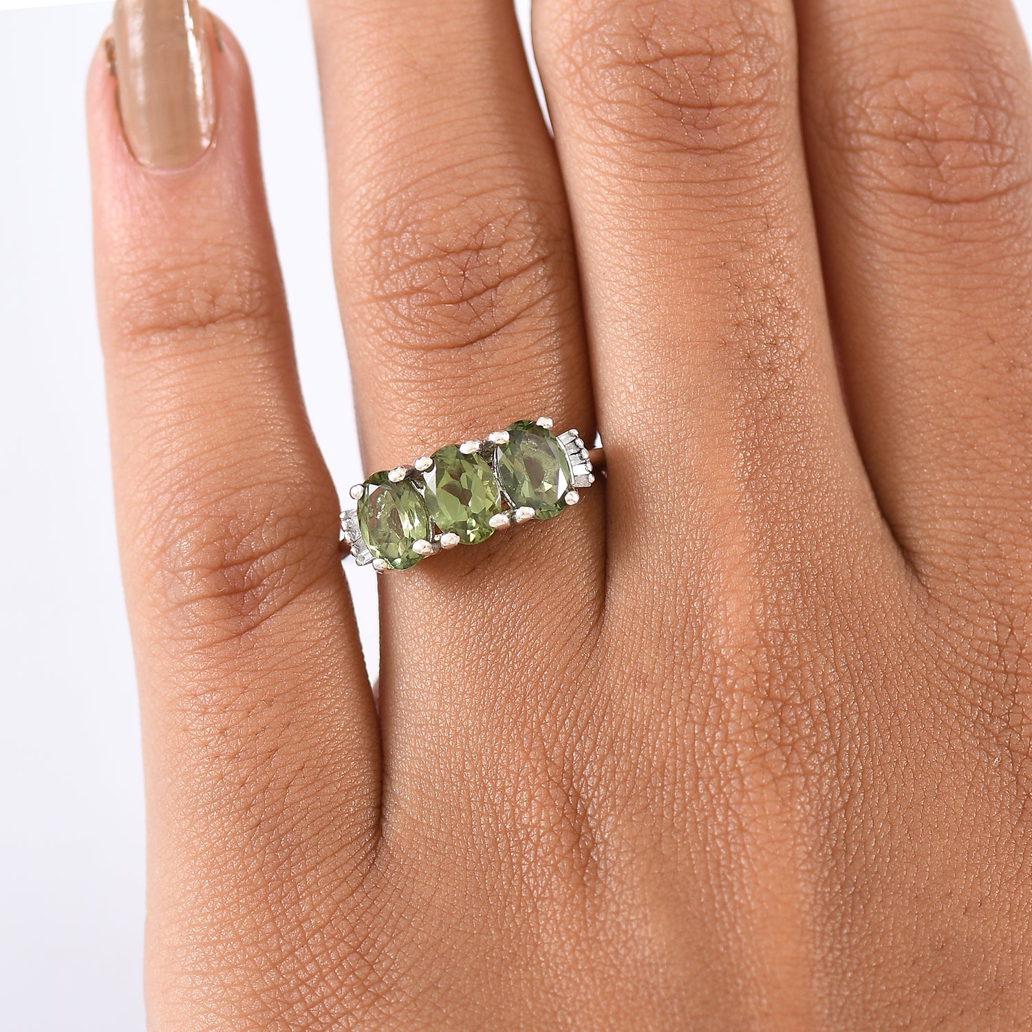 D'Joy Natural Tanzanian Green Apatite &amp; White Diamond Trilogy Ring in Rhodium Overlay Sterling Silver 2.59 Ct. V32539059 3