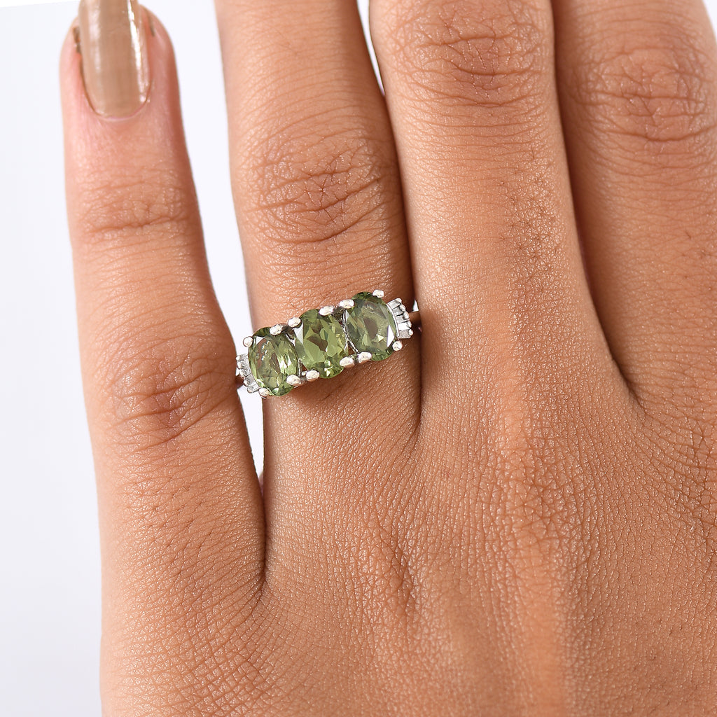 D'Joy Natural Tanzanian Green Apatite & White Diamond Trilogy Ring in Rhodium Overlay Sterling Silver 2.59 Ct._8274570_2