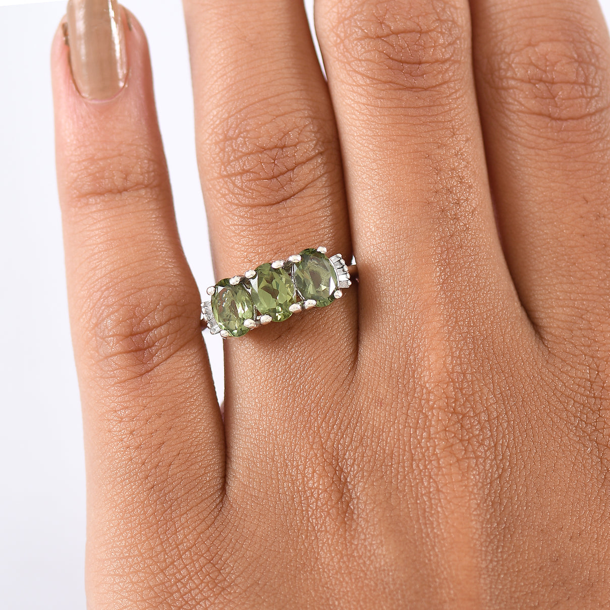 D'Joy Natural Tanzanian Green Apatite &amp; White Diamond Trilogy Ring in Rhodium Overlay Sterling Silver 2.59 Ct. V32529632 3