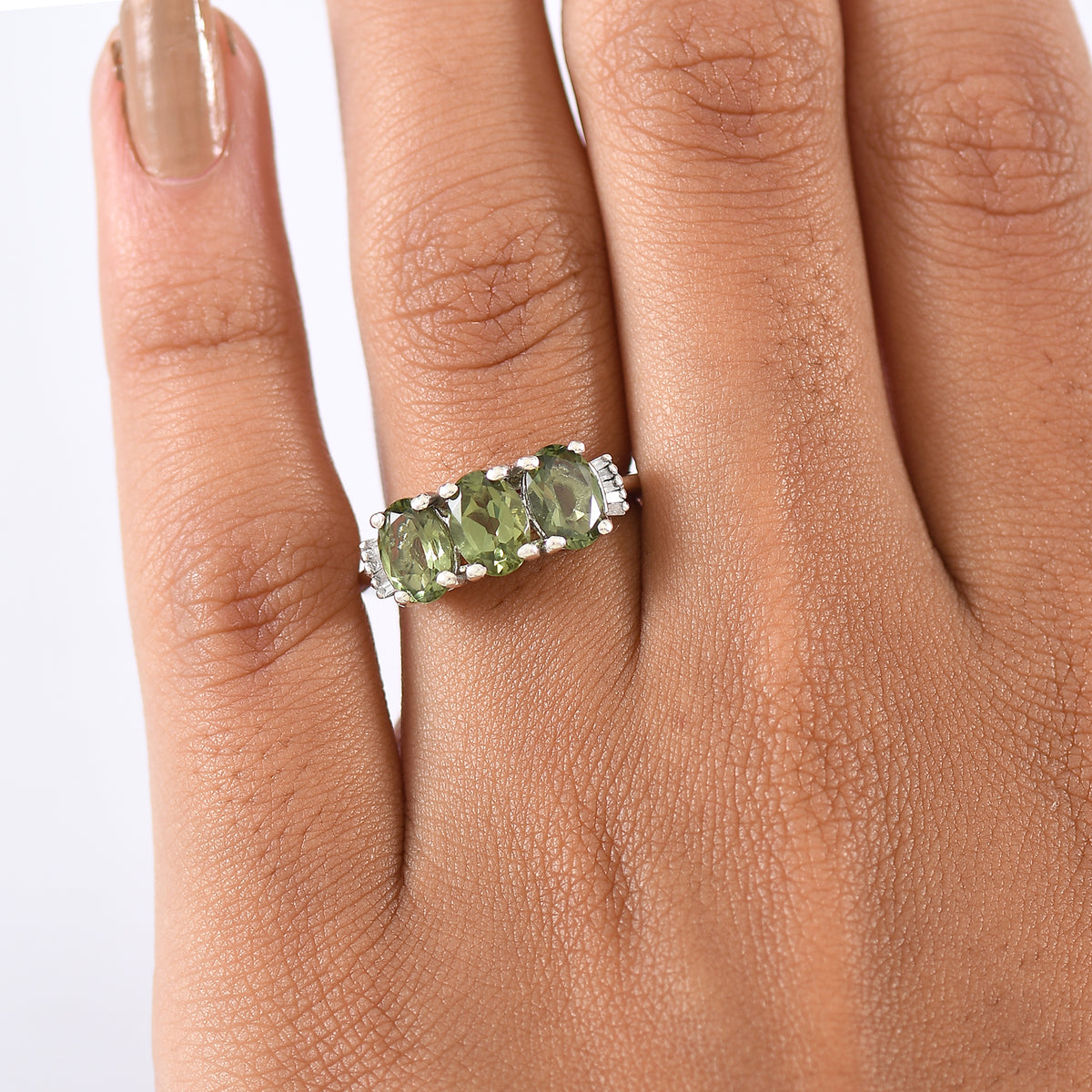 D'Joy Natural Tanzanian Green Apatite &amp; White Diamond Trilogy Ring in Rhodium Overlay Sterling Silver 2.59 Ct. V32529632 3