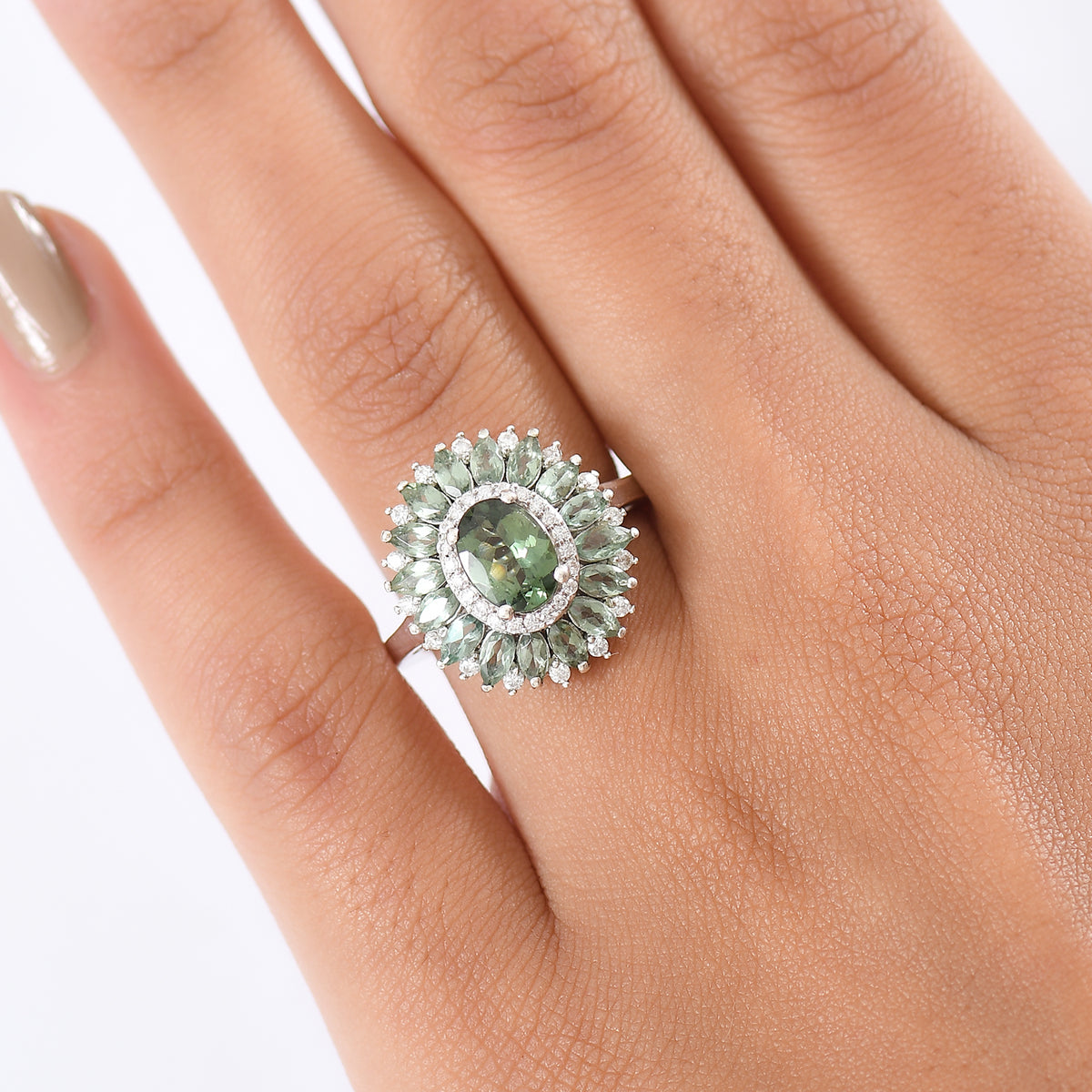 D'Joy Natural Green Apatite &amp; Moissanite Ring in Rhodium Overlay Sterling Silver 2.95 Ct. 8274590 3