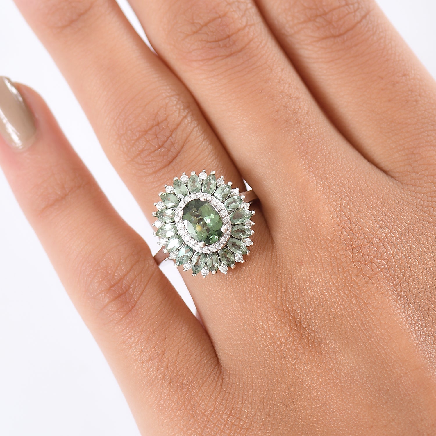 D'Joy Natural Green Apatite &amp; Moissanite Ring in Rhodium Overlay Sterling Silver 2.95 Ct. V32538815 3