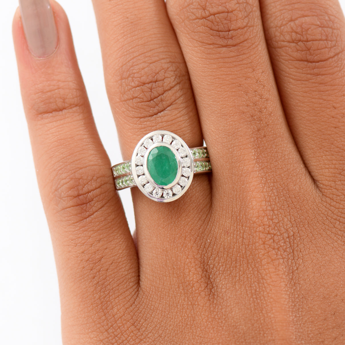 D'Joy Emerald, Tsavorite Garnet and Moissanite Halo Ring in Rhodium Overlay Sterling Silver 2.01 Ct. V32514234 3
