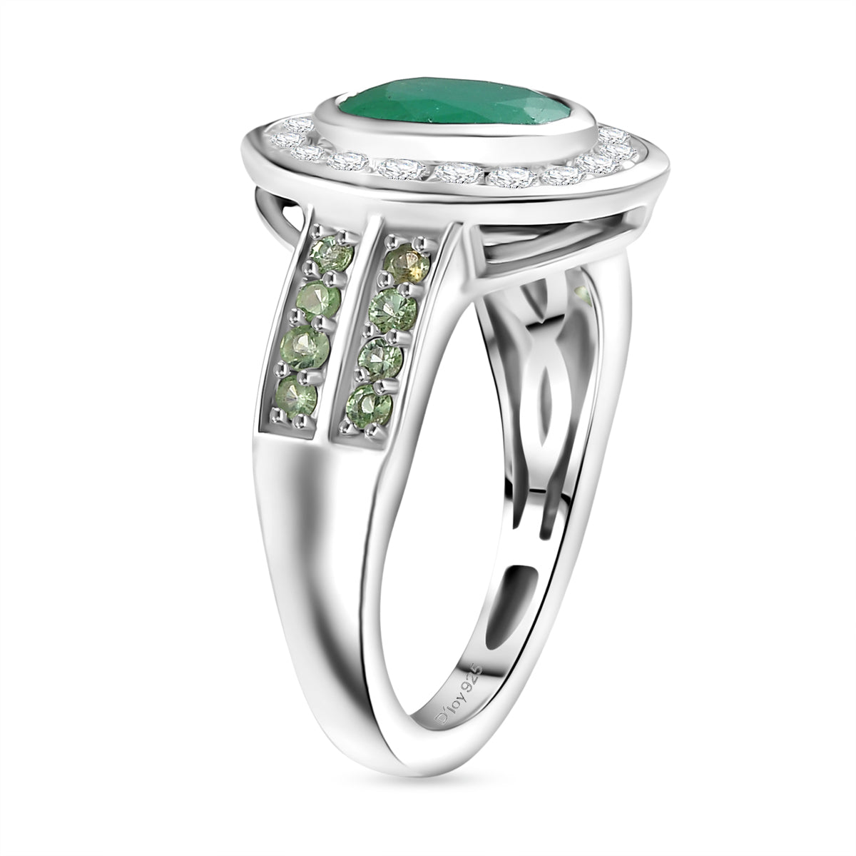 D'Joy Emerald, Tsavorite Garnet and Moissanite Halo Ring in Rhodium Overlay Sterling Silver 2.01 Ct. V32514234 4