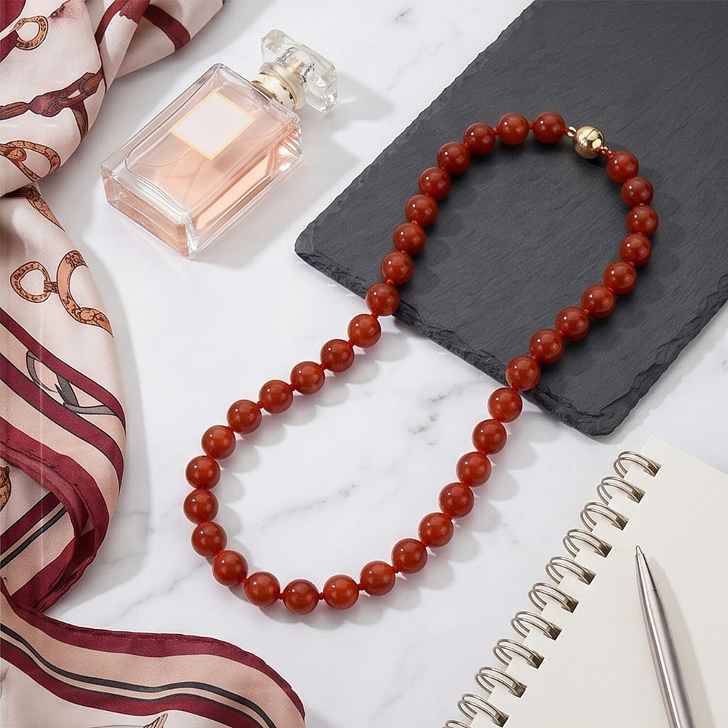 First Time Ever- Enhanced Red Jade Necklace (Size 20) in Yellow Gold Sterling Silver with Magnetic Lock 600.00 Ct.