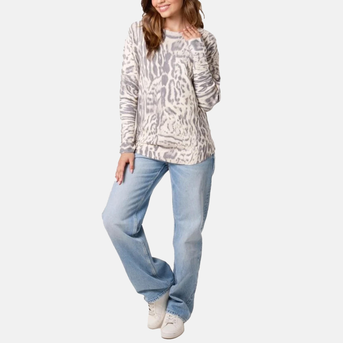 QED Animal Print Long Sleeve Jumper (Size S/M) - Stone V32516602 1
