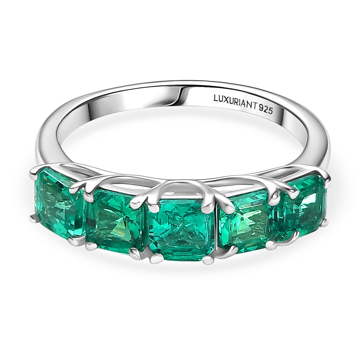 Luxuriant Lab Grown Colombian Emerald 5 Stone Ring in Rhodium Overlay Sterling Silver 1.51 Ct. V32606004 0