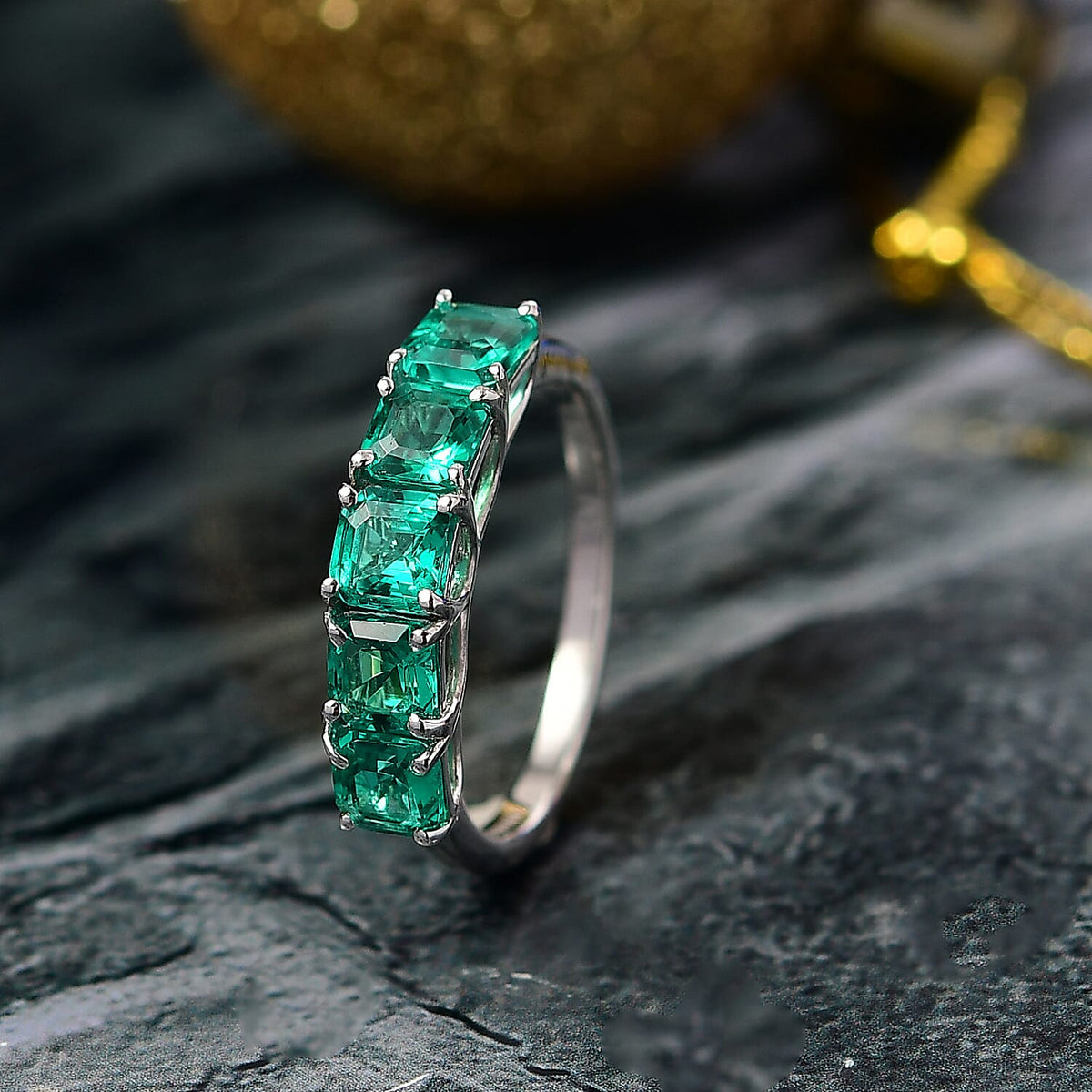 Luxuriant Lab Grown Colombian Emerald 5 Stone Ring in Rhodium Overlay Sterling Silver 1.51 Ct. V32606004 2