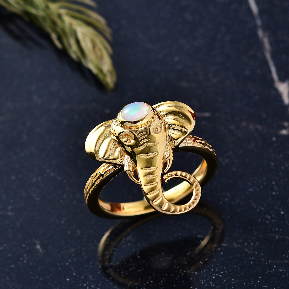 Ethiopian Opal Elephant Head Ring in Yellow Gold Plated Sterling Silver V32754467 3