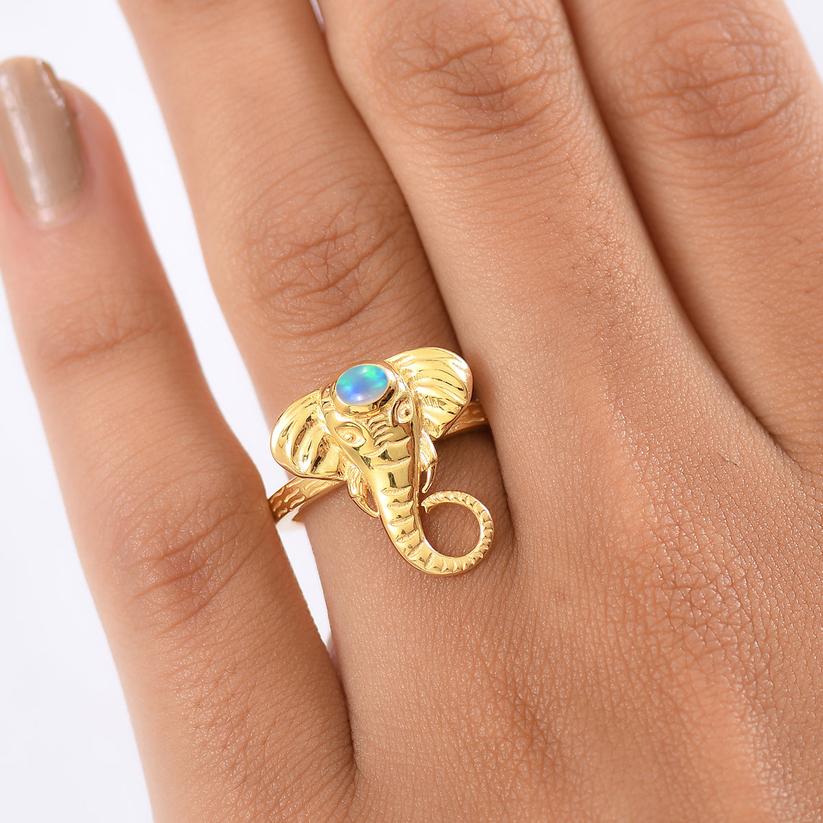 Ethiopian Opal Elephant Head Ring in Yellow Gold Plated Sterling Silver V32754467 4