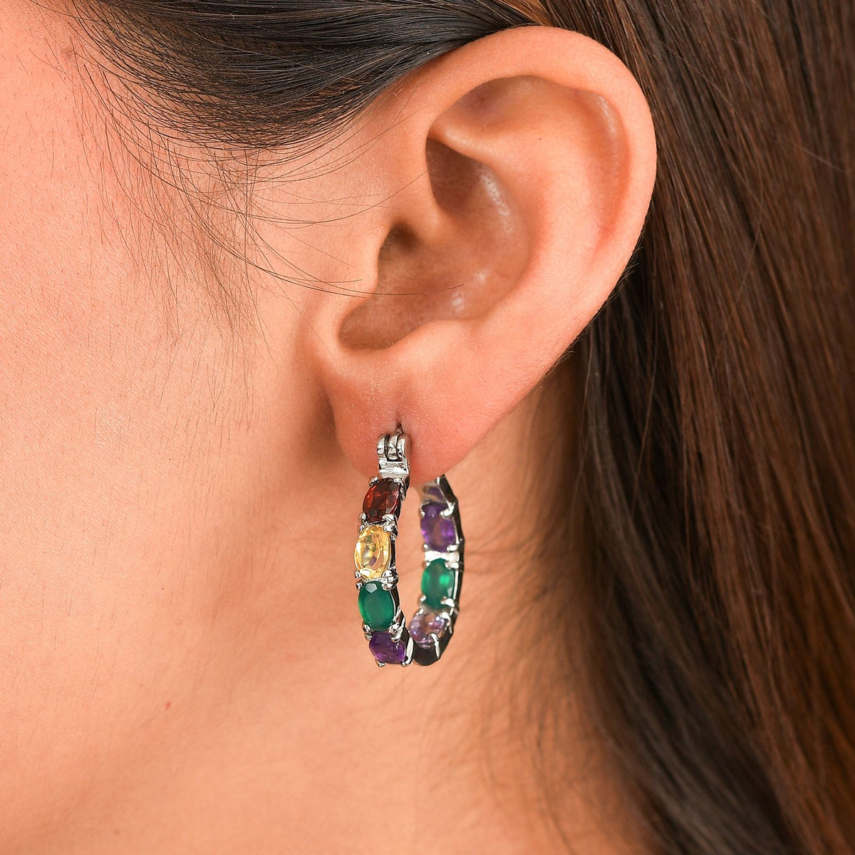 EverTrue Multi Gemstones Inside Out Hoop Earrings with Clasp 5.96 Ct. V32666456 3