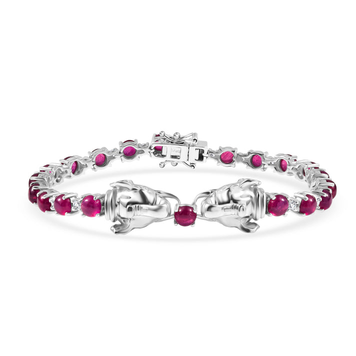 D'Joy African Ruby &amp; White Zircon Panther Head Tennis Bracelet (Size - 7.5) with GB Lock Box in Rhodium Overlay Sterling Silver 16.33 Ct. V32616479 1