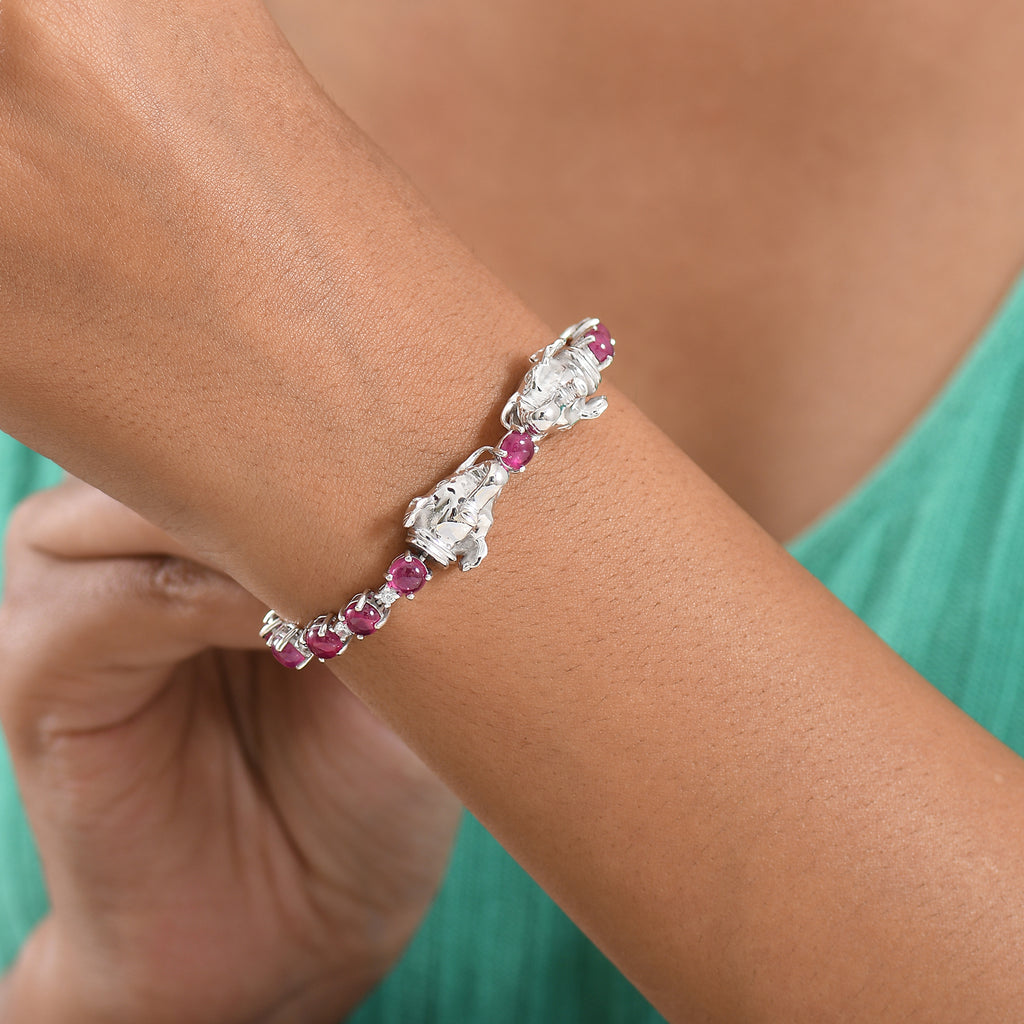 D'Joy African Ruby & White Zircon Panther Head Tennis Bracelet (Size - 7.5) with GB Lock Box in Rhodium Overlay Sterling Silver 16.33 Ct._8276613_2