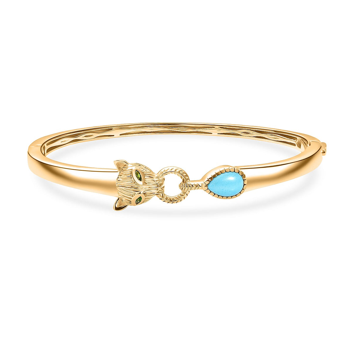Designer Inspired- D'Joy Sleeping Beauty Turquoise &amp; Natural Chrome Diopside Panther Bangle (Size 7.5) in 18K Vermeil Yellow Gold Plated 1.20 Ct, Silver Wt. 20.00 Gms. 8276926 0