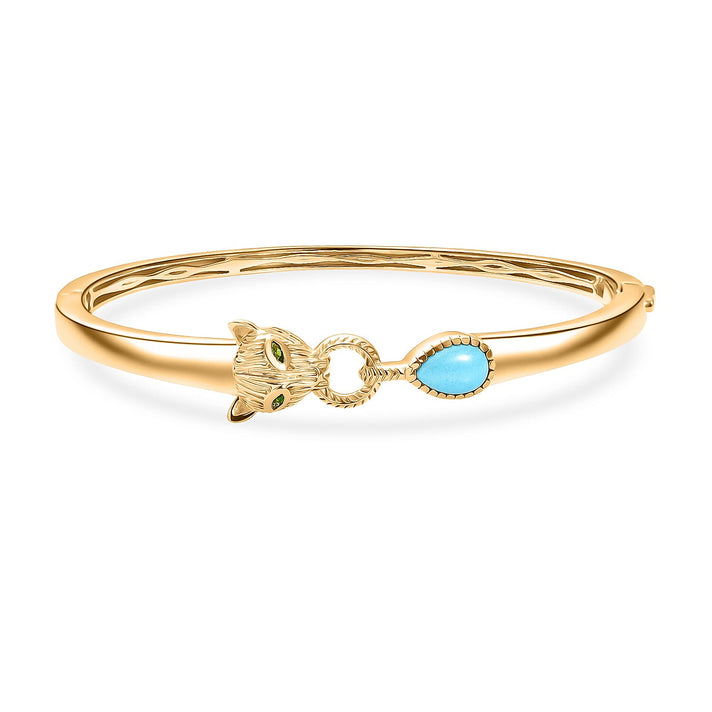Designer Inspired- D'Joy Sleeping Beauty Turquoise &amp; Natural Chrome Diopside Panther Bangle (Size 7.5) in 18K Vermeil Yellow Gold Plated 1.20 Ct, Silver Wt. 20.00 Gms. 8276926 1