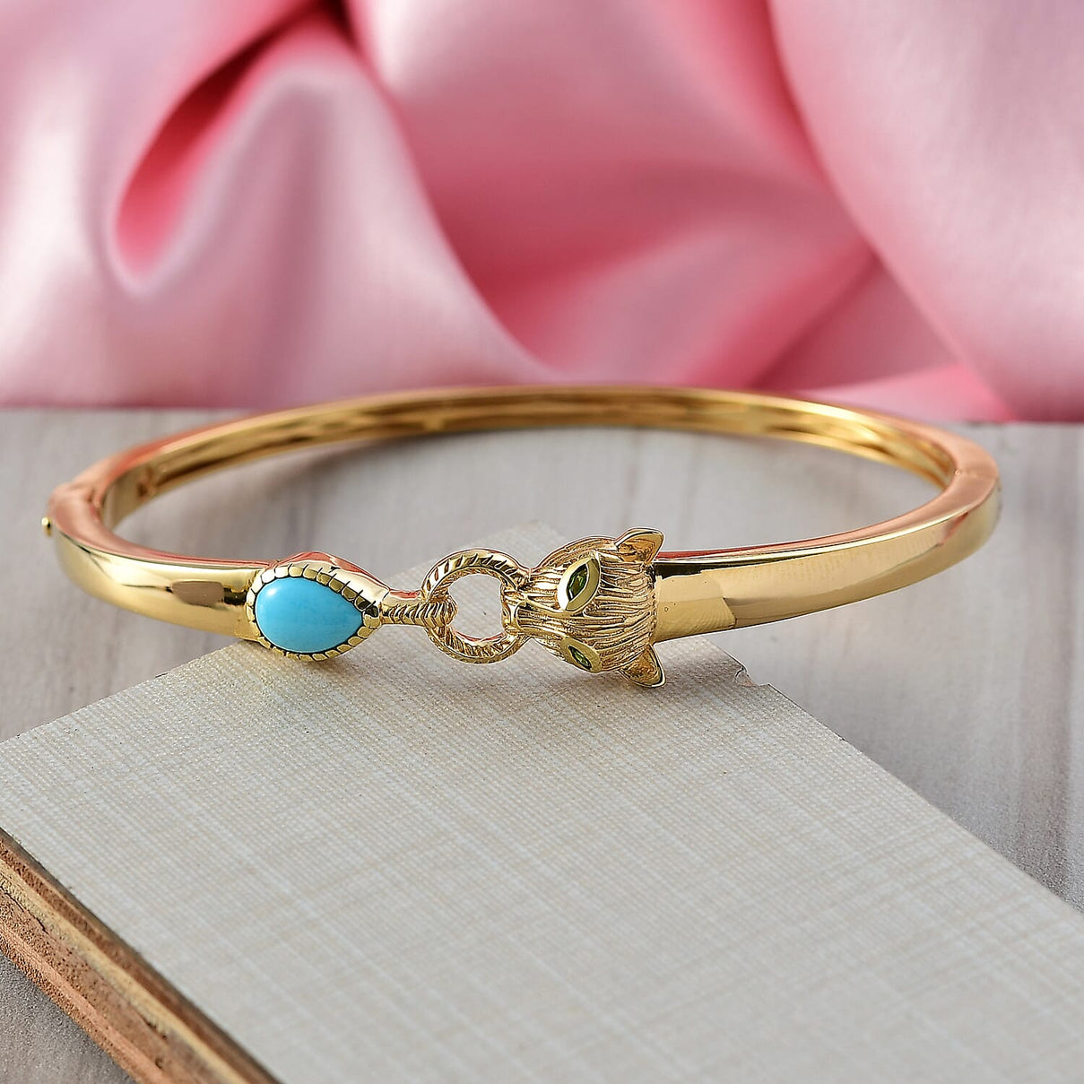 Designer Inspired- D'Joy Sleeping Beauty Turquoise &amp; Natural Chrome Diopside Panther Bangle (Size 7.5) in 18K Vermeil Yellow Gold Plated 1.20 Ct, Silver Wt. 20.00 Gms. 8276926 2
