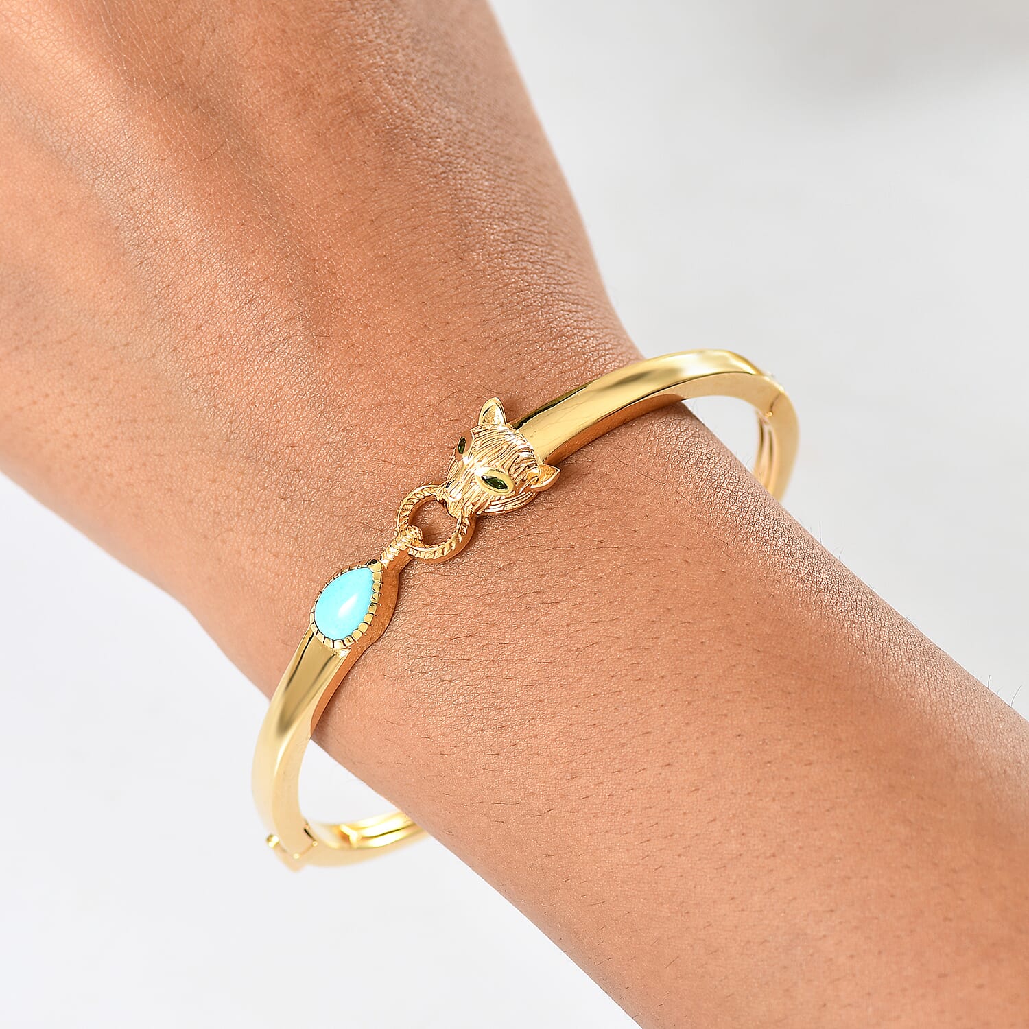 Designer Inspired- D'Joy Sleeping Beauty Turquoise &amp; Natural Chrome Diopside Panther Bangle (Size 7.5) in 18K Vermeil Yellow Gold Plated 1.20 Ct, Silver Wt. 20.00 Gms. 8276926 3