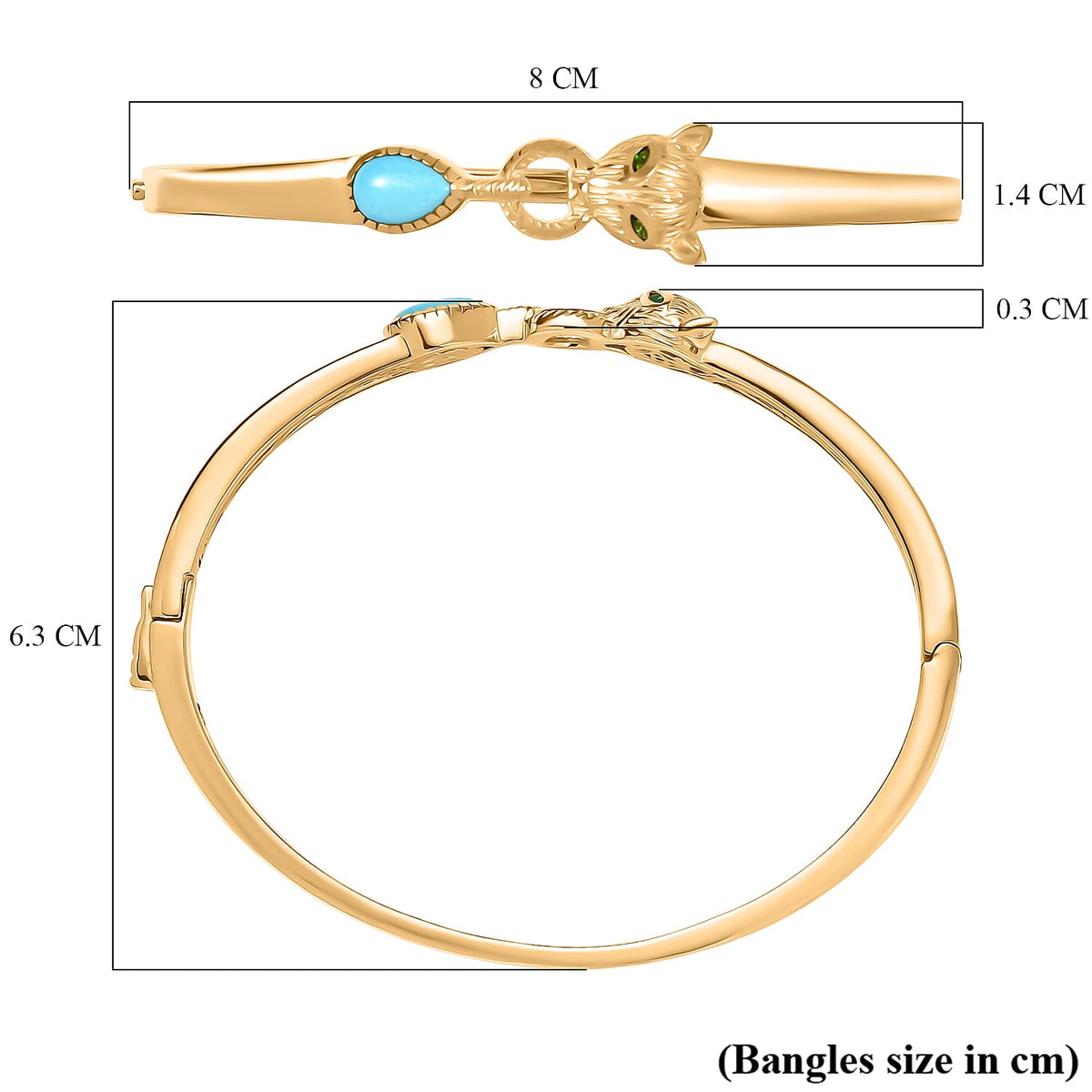 Designer Inspired- D'Joy Sleeping Beauty Turquoise &amp; Natural Chrome Diopside Panther Bangle (Size 7.5) in 18K Vermeil Yellow Gold Plated 1.20 Ct, Silver Wt. 20.00 Gms. 8276926 6
