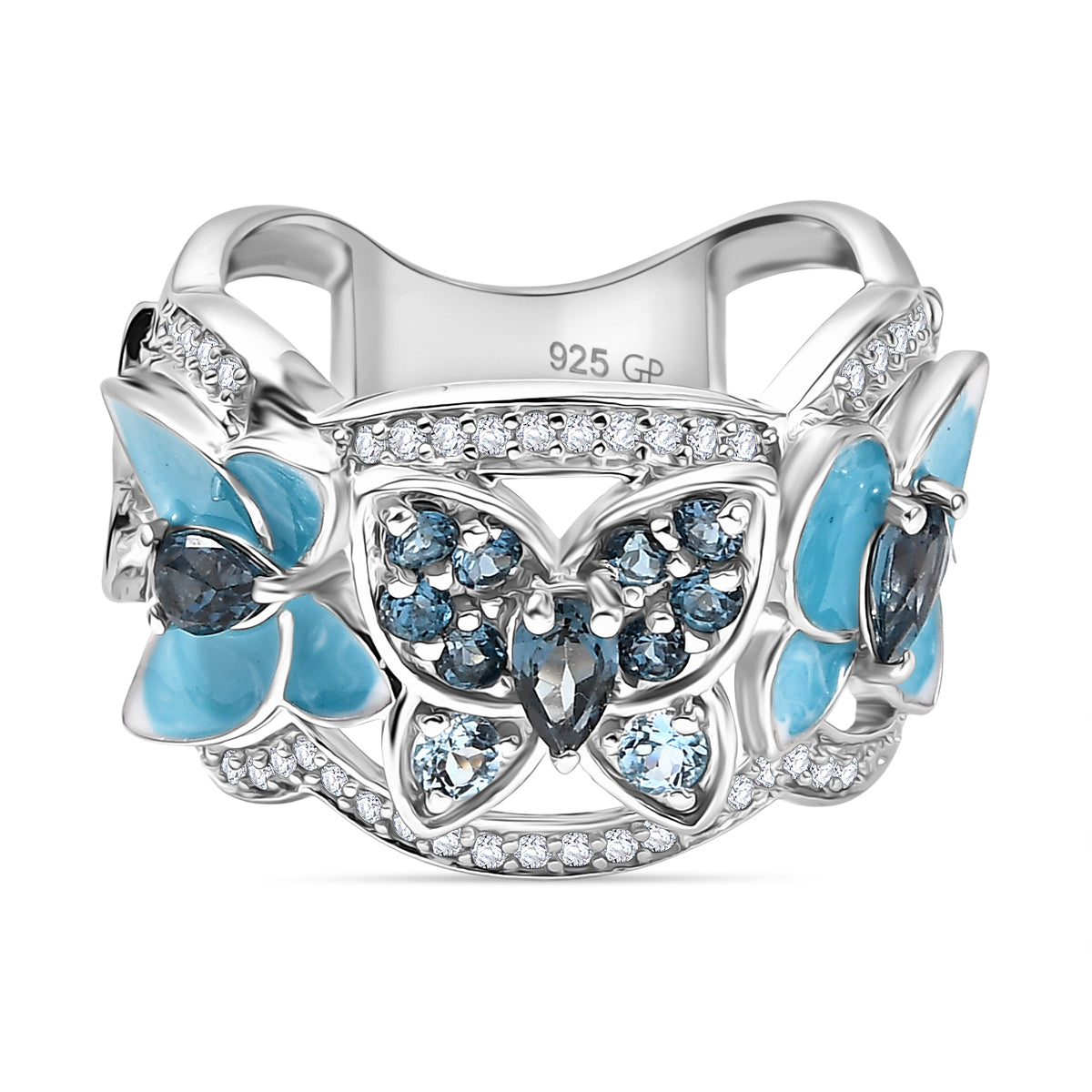 GP Italian Garden Collection - London Blue Topaz, Blue Sapphire, Swiss Blue Topaz &amp; White Zircon Cluster Ring in Rhodium Overlay Sterling Silver 1.82 Ct, Silver Wt. 8.14 Gms. 8277526 0