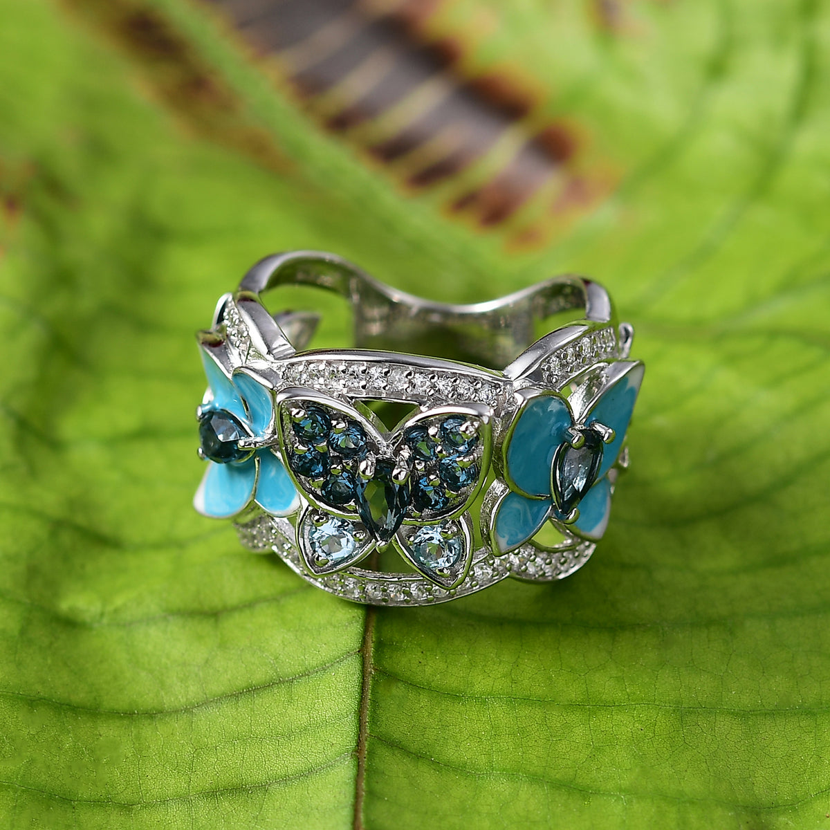 GP Italian Garden Collection - London Blue Topaz, Blue Sapphire, Swiss Blue Topaz &amp; White Zircon Cluster Ring in Rhodium Overlay Sterling Silver 1.82 Ct, Silver Wt. 8.14 Gms. 8277526 1
