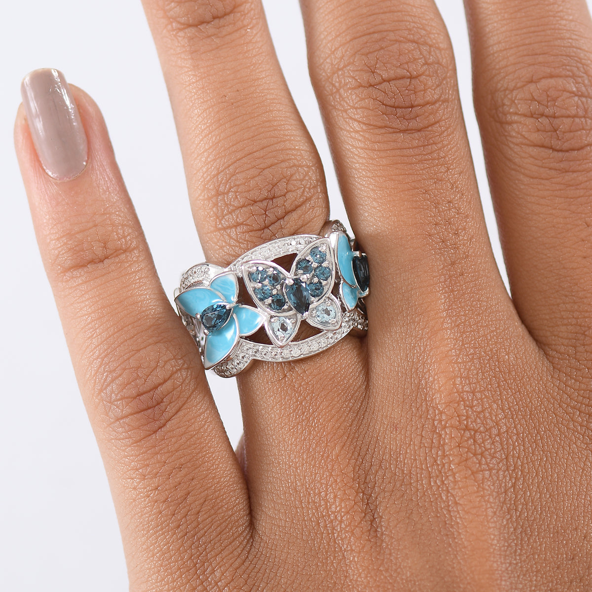 GP Italian Garden Collection - London Blue Topaz, Blue Sapphire, Swiss Blue Topaz &amp; White Zircon Cluster Ring in Rhodium Overlay Sterling Silver 1.82 Ct, Silver Wt. 8.14 Gms. 8277526 3