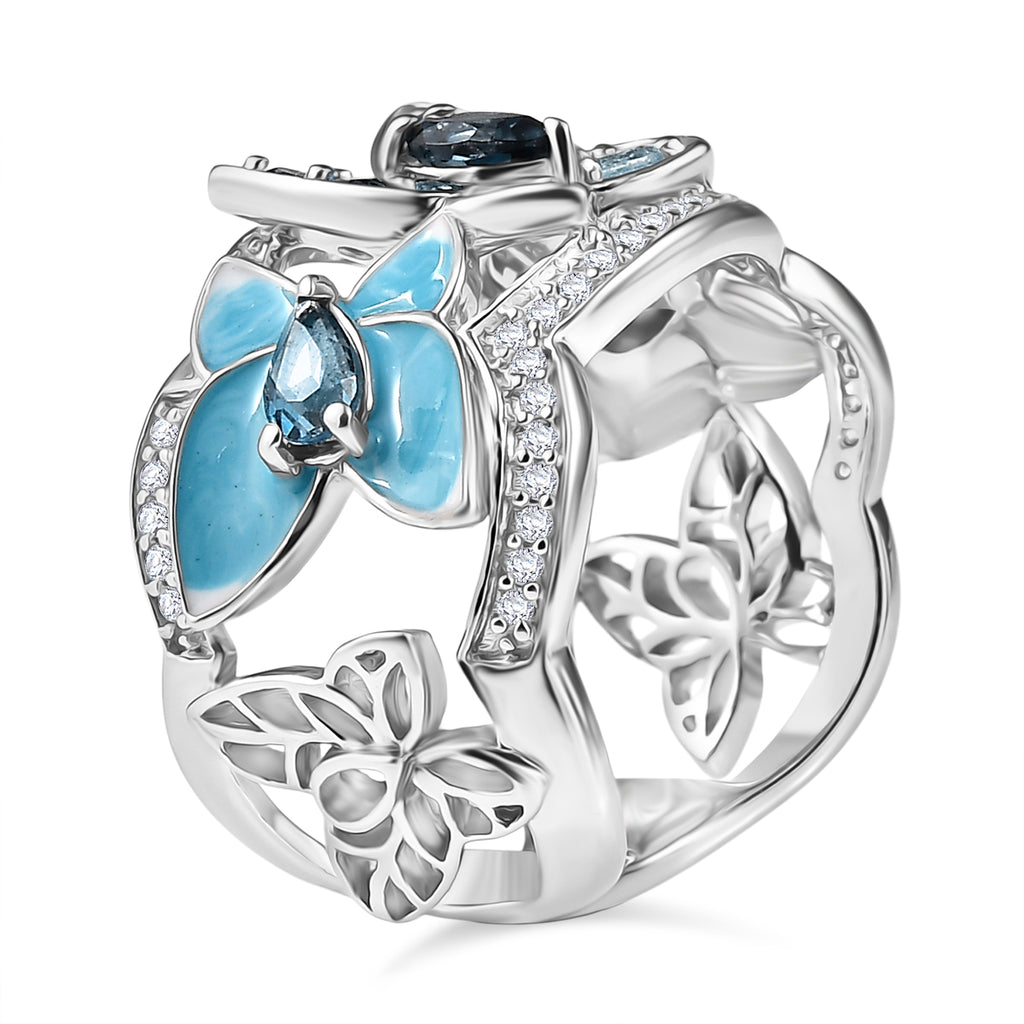 GP Italian Garden Collection - London Blue Topaz, Blue Sapphire, Swiss Blue Topaz & White Zircon Cluster Ring in Rhodium Overlay Sterling Silver 1.82 Ct, Silver Wt. 8.14 Gms._8277526_4