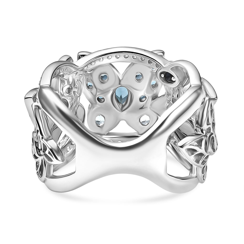 GP Italian Garden Collection - London Blue Topaz, Blue Sapphire, Swiss Blue Topaz & White Zircon Cluster Ring in Rhodium Overlay Sterling Silver 1.82 Ct, Silver Wt. 8.14 Gms._8277526_5