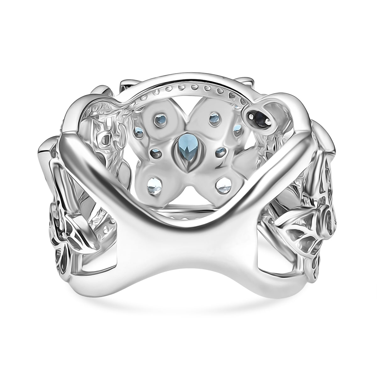 GP Italian Garden Collection - London Blue Topaz, Blue Sapphire, Swiss Blue Topaz &amp; White Zircon Cluster Ring in Rhodium Overlay Sterling Silver 1.82 Ct, Silver Wt. 8.14 Gms. 8277526 5