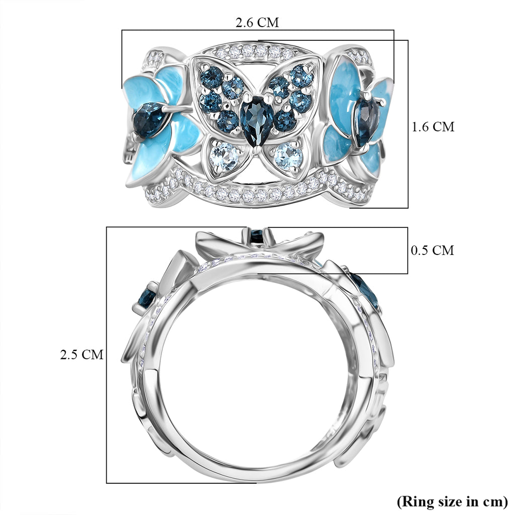 GP Italian Garden Collection - London Blue Topaz, Blue Sapphire, Swiss Blue Topaz & White Zircon Cluster Ring in Rhodium Overlay Sterling Silver 1.82 Ct, Silver Wt. 8.14 Gms._8277526_6