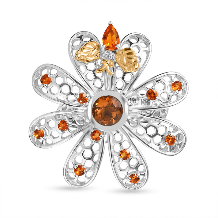 GP Italian Garden Collection - Madeira Citrine, Fire Opal, Blue Sapphire &amp; White Zircon Flower Ring in 18K Vermeil Yellow Gold Plated &amp; Rhodium Overlay Sterling Silver 1.68 Ct. 8278257 1