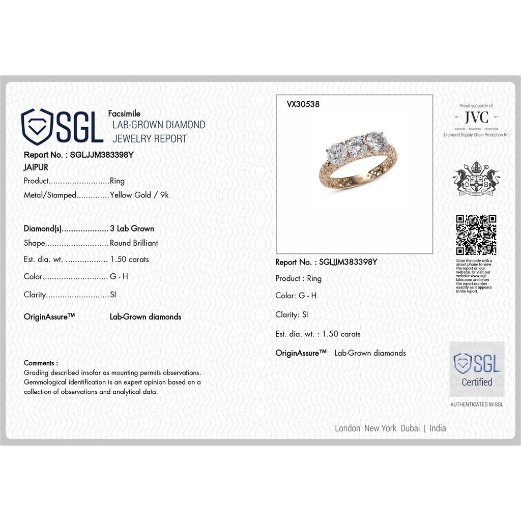Mirage Collection - Luxuriant 9K Yellow Gold SGL Certified Lab Grown Diamond (SI/GH) Trilogy Ring 1.50 Ct._8278641_6