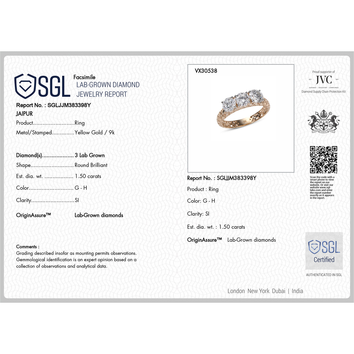 LUXURIANT 1.5 Ct. Lab Grown Diamond Trilogy Ring in 9K Gold, SGL Certified 8278641 7