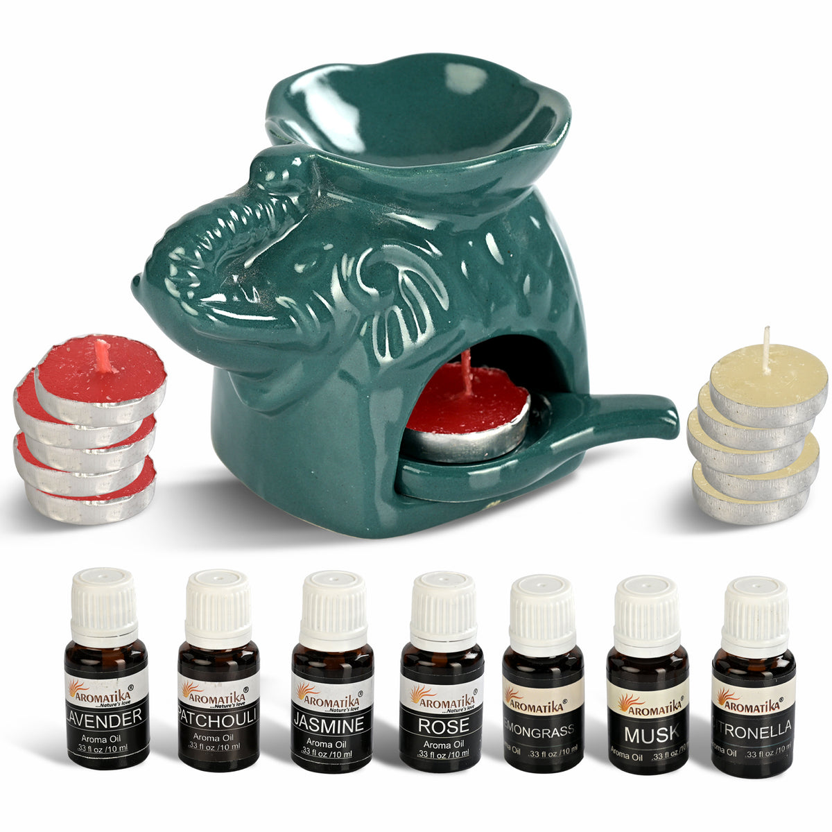 LIVMORE Elephant Ceramic Oil Burner with 10 Tea Lights &amp; 7 Aroma Oils (10ml) - Musk , Lavendar, Jasmine, Rose, Citronella, Lemongress &amp; Patchouli V32514374 0