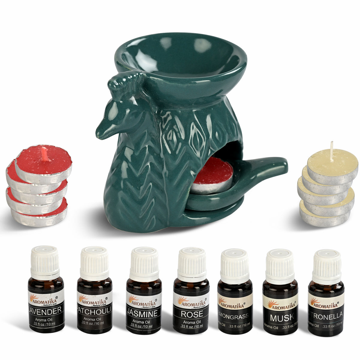 LIVMORE Peacock Ceramic Oil Burner with 10 Tea Lights &amp; 7 Aroma Oils (10ml) V32514966 0