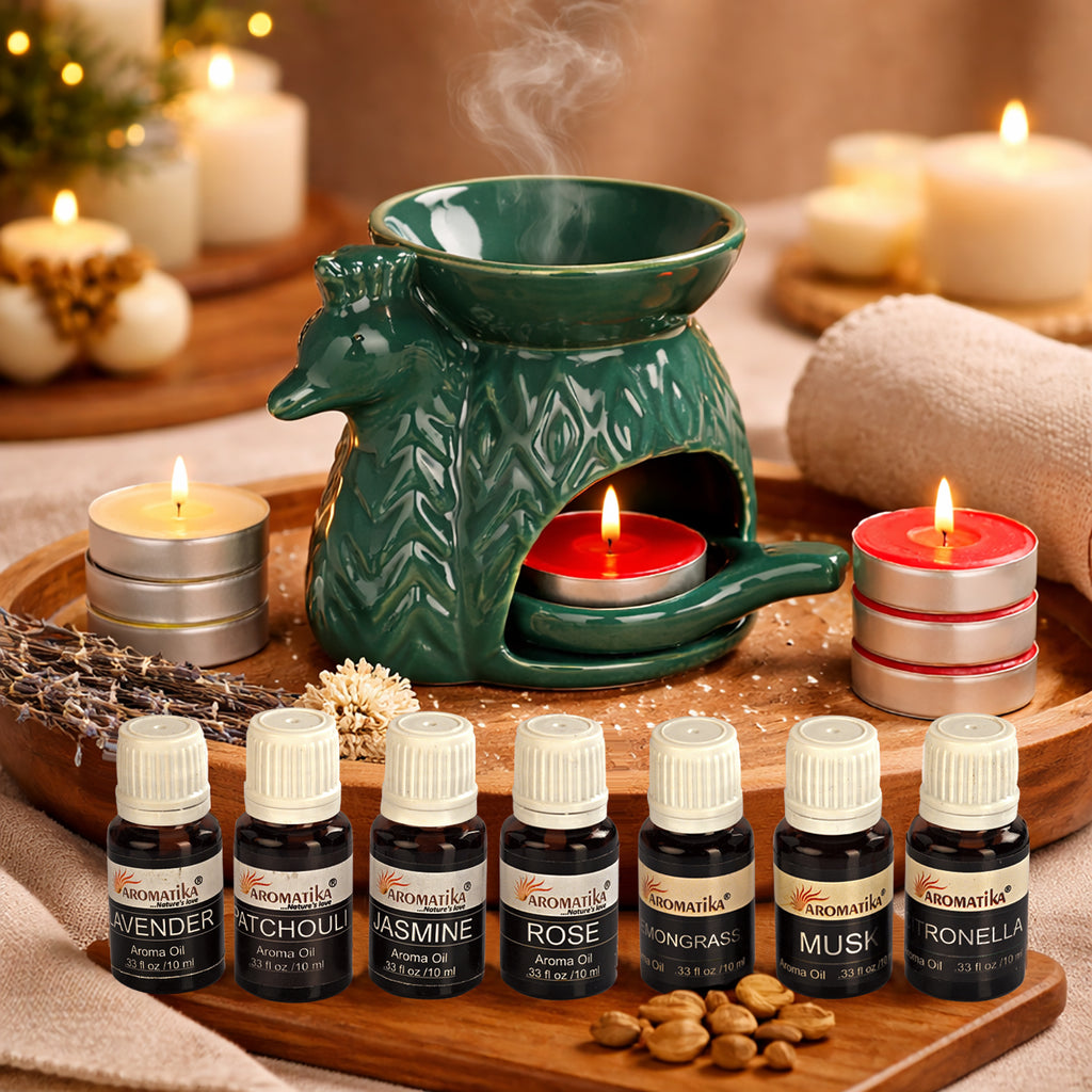 LIVMORE Peacock Ceramic Oil Burner with 10 Tea Lights & 7 Aroma Oils (10ml)_8278789_1