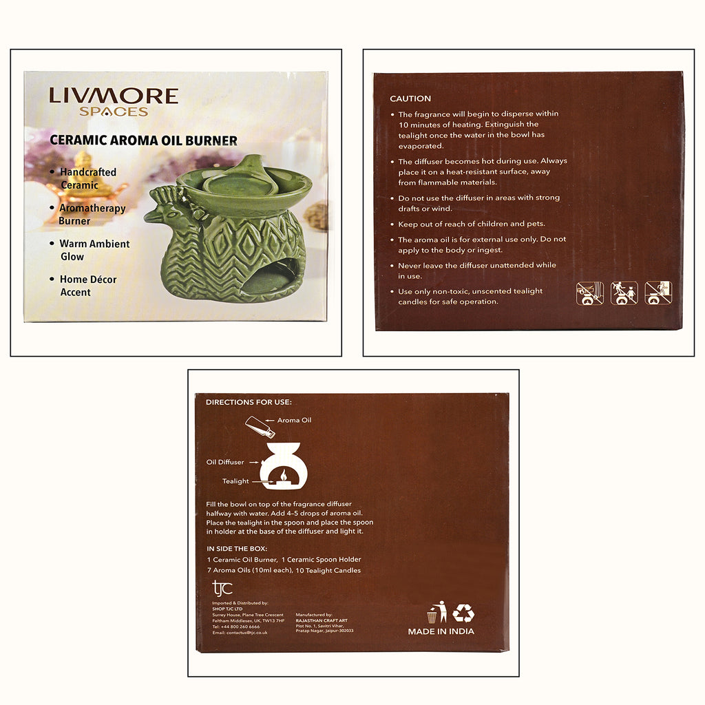 LIVMORE Peacock Ceramic Oil Burner with 10 Tea Lights & 7 Aroma Oils (10ml)_8278789_4