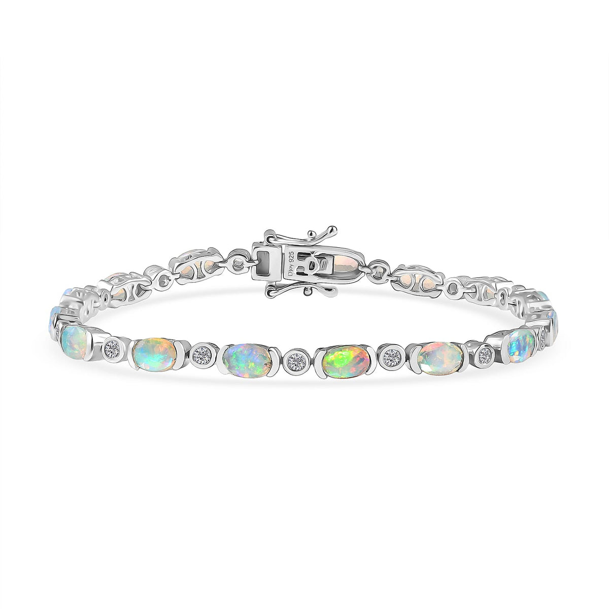 D'Joy Ethiopian Opal &amp; Natural Zircon Bracelet (Size 7) with GB Lock Box in Rhodium Overlay Sterling Silver 5.39 Ct, Silver Wt. 8.83 Gms. 8278797 0