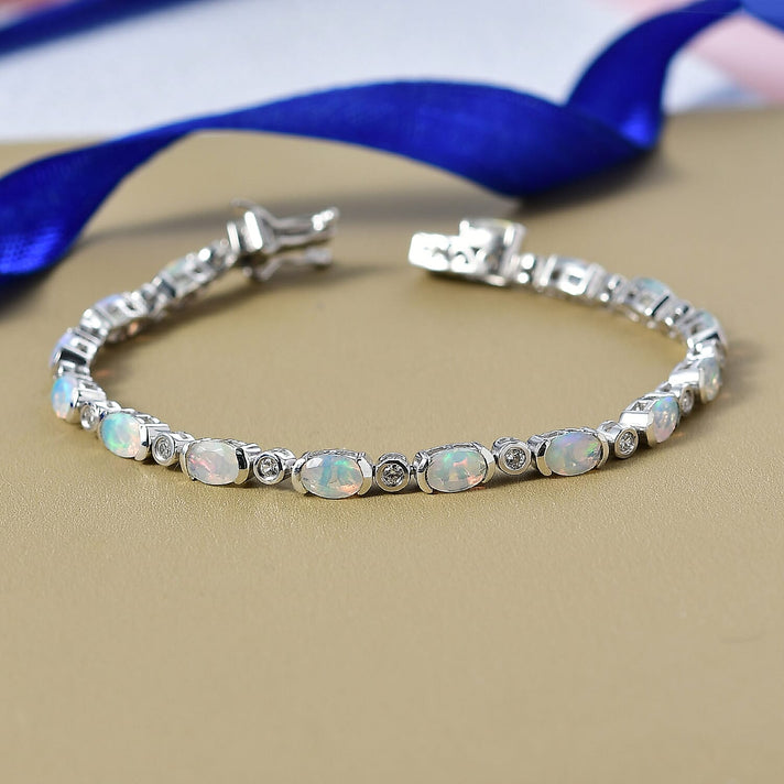 D'Joy Ethiopian Opal &amp; Natural Zircon Bracelet (Size 7) with GB Lock Box in Rhodium Overlay Sterling Silver 5.39 Ct, Silver Wt. 8.83 Gms. 8278797 2